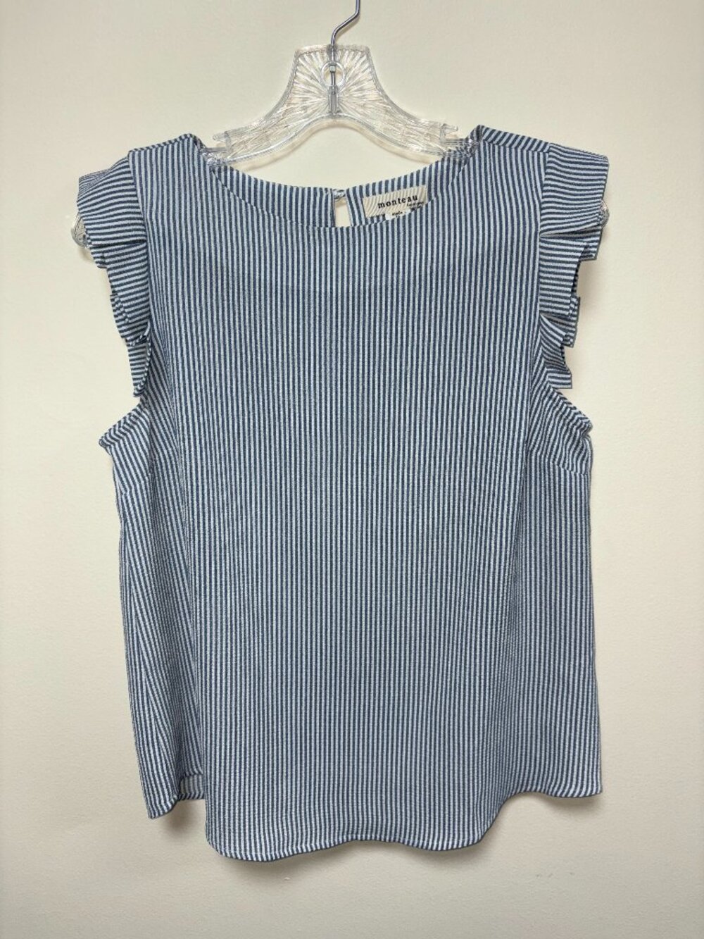 Monteau Navy Blue & White Striped Ruffle Sleeve Blouse